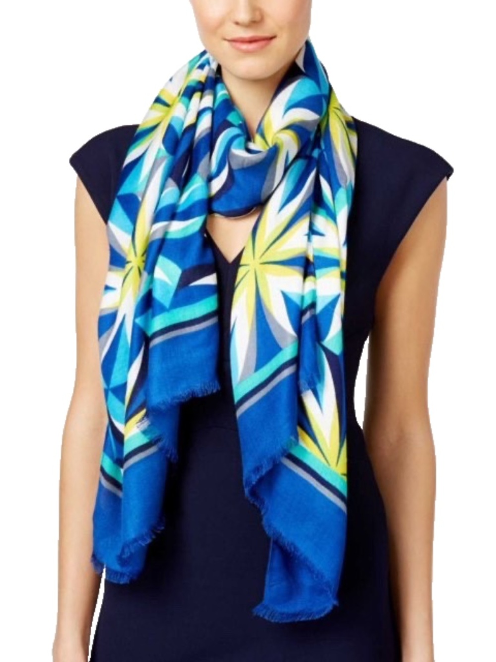 INC International Concepts Tile Floral Printed Woven Pashmina Fringe Wrap Scarf